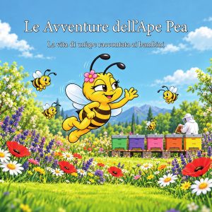 Copertina della nuova edizione del libro Le Avventure dell’Ape Pea: Pea, con un fiore rosa in testa, vola su un prato fiorito davanti alle arnie colorate