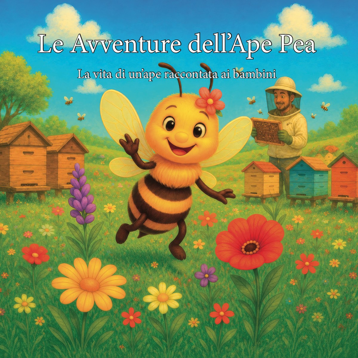 Copertina del libro Le Avventure dell'Ape Pea: un'ape sorridente in un prato fiorito davanti alle arnie colorate